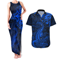 New Zealand Crocodile Tattoo and Fern Couples Matching Tank Maxi Dress and Hawaiian Shirt Maori Pattern Blue Color LT03 Blue - Polynesian Pride