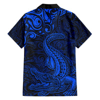 New Zealand Crocodile Tattoo and Fern Family Matching Long Sleeve Bodycon Dress and Hawaiian Shirt Maori Pattern Blue Color LT03 - Polynesian Pride