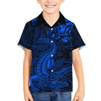New Zealand Crocodile Tattoo and Fern Family Matching Tank Maxi Dress and Hawaiian Shirt Maori Pattern Blue Color LT03 Son's Shirt Blue - Polynesian Pride