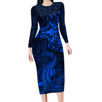 New Zealand Crocodile Tattoo and Fern Long Sleeve Bodycon Dress Maori Pattern Blue Color LT03 Long Dress Blue - Polynesian Pride