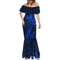New Zealand Crocodile Tattoo and Fern Mermaid Dress Maori Pattern Blue Color LT03 - Polynesian Pride