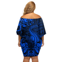 New Zealand Crocodile Tattoo and Fern Off Shoulder Short Dress Maori Pattern Blue Color LT03 - Polynesian Pride