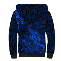 New Zealand Crocodile Tattoo and Fern Sherpa Hoodie Maori Pattern Blue Color LT03 - Polynesian Pride