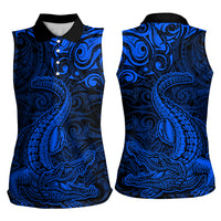 New Zealand Crocodile Tattoo and Fern Women Sleeveless Polo Shirt Maori Pattern Blue Color
