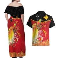 Papua New Guinea Independence Day Couples Matching Off Shoulder Maxi Dress and Hawaiian Shirt Happy Anniversary 50th Bird-of-paradise Melanesian Tattoos - Polynesian Pride