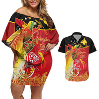 Papua New Guinea Independence Day Couples Matching Off Shoulder Short Dress and Hawaiian Shirt Happy Anniversary 50th Bird-of-paradise Melanesian Tattoos - Polynesian Pride