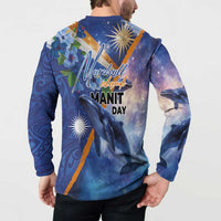 Marshall Islands Manit Day Button Sweatshirt Grunge National Flag with Whales and Tribal Tattoos - Polynesian Pride