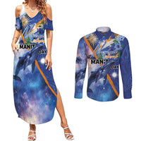 Marshall Islands Manit Day Couples Matching Summer Maxi Dress and Long Sleeve Button Shirt Grunge National Flag with Whales and Tribal Tattoos - Polynesian Pride