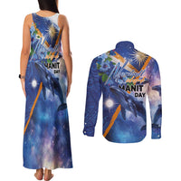 Marshall Islands Manit Day Couples Matching Tank Maxi Dress and Long Sleeve Button Shirt Grunge National Flag with Whales and Tribal Tattoos - Polynesian Pride