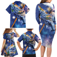 Marshall Islands Manit Day Family Matching Long Sleeve Bodycon Dress and Hawaiian Shirt Grunge National Flag with Whales and Tribal Tattoos - Polynesian Pride