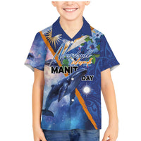 Marshall Islands Manit Day Family Matching Mermaid Dress and Hawaiian Shirt Grunge National Flag with Whales and Tribal Tattoos LT03 Son's Shirt Blue - Polynesian Pride