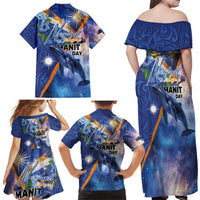 Marshall Islands Manit Day Family Matching Off Shoulder Maxi Dress and Hawaiian Shirt Grunge National Flag with Whales and Tribal Tattoos LT03 - Polynesian Pride