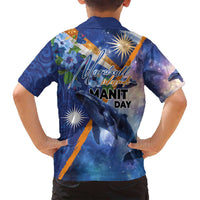 Marshall Islands Manit Day Family Matching Off Shoulder Short Dress and Hawaiian Shirt Grunge National Flag with Whales and Tribal Tattoos LT03 - Polynesian Pride