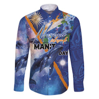 Marshall Islands Manit Day Family Matching Off Shoulder Short Dress and Hawaiian Shirt Grunge National Flag with Whales and Tribal Tattoos LT03 Dad's Shirt - Long Sleeve Blue - Polynesian Pride
