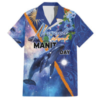 Marshall Islands Manit Day Family Matching Summer Maxi Dress and Hawaiian Shirt Grunge National Flag with Whales and Tribal Tattoos LT03 Dad's Shirt - Short Sleeve Blue - Polynesian Pride