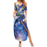 Marshall Islands Manit Day Family Matching Summer Maxi Dress and Hawaiian Shirt Grunge National Flag with Whales and Tribal Tattoos LT03 Mom's Dress Blue - Polynesian Pride