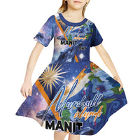 Marshall Islands Manit Day Kid Short Sleeve Dress Grunge National Flag with Whales and Tribal Tattoos - Polynesian Pride