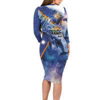 Marshall Islands Manit Day Long Sleeve Bodycon Dress Grunge National Flag with Whales and Tribal Tattoos - Polynesian Pride