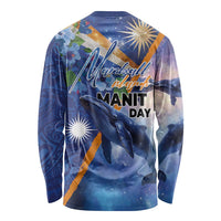 Marshall Islands Manit Day Long Sleeve Shirt Grunge National Flag with Whales and Tribal Tattoos - Polynesian Pride