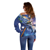 Marshall Islands Manit Day Off Shoulder Sweater Grunge National Flag with Whales and Tribal Tattoos - Polynesian Pride