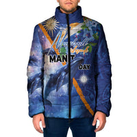 Marshall Islands Manit Day Padded Jacket Grunge National Flag with Whales and Tribal Tattoos - Polynesian Pride