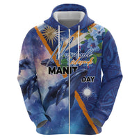 Marshall Islands Manit Day Zip Hoodie Grunge National Flag with Whales and Tribal Tattoos - Polynesian Pride