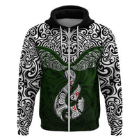 Custom Aotearoa New Zealand Hoodie Silver Fern and Matau with Maori Tribal Green Style LT03 Zip Hoodie Green - Polynesian Pride