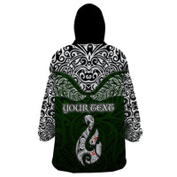 Custom Aotearoa New Zealand Wearable Blanket Hoodie Silver Fern and Matau with Maori Tribal Green Style LT03 - Polynesian Pride
