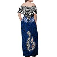 Aotearoa New Zealand Off Shoulder Maxi Dress Silver Fern and Matau with Maori Tribal Blue Style LT03 - Polynesian Pride