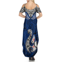 Aotearoa New Zealand Summer Maxi Dress Silver Fern and Matau with Maori Tribal Blue Style LT03 - Polynesian Pride