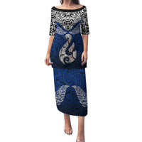 Custom Aotearoa New Zealand Puletasi Silver Fern and Matau with Maori Tribal Blue Style LT03 Long Dress Blue - Polynesian Pride