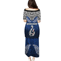 Custom Aotearoa New Zealand Puletasi Silver Fern and Matau with Maori Tribal Blue Style LT03 - Polynesian Pride