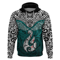 Aotearoa New Zealand Hoodie Silver Fern and Matau with Maori Tribal Turquoise Style LT03 Pullover Hoodie Turquoise - Polynesian Pride