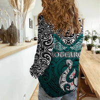 Aotearoa New Zealand Women Casual Shirt Silver Fern and Matau with Maori Tribal Turquoise Style LT03 - Polynesian Pride