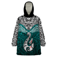 Custom Aotearoa New Zealand Wearable Blanket Hoodie Silver Fern and Matau with Maori Tribal Turquoise Style LT03 One Size Turquoise - Polynesian Pride