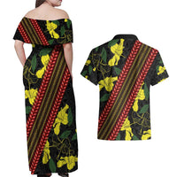 Samoan Culture Couples Matching Off Shoulder Maxi Dress and Hawaiian Shirt Hibiscus and Ula Fala with Tapa Pattern Black Color