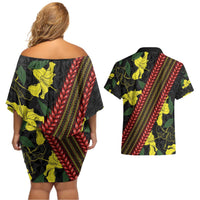 Samoan Culture Couples Matching Off Shoulder Short Dress and Hawaiian Shirt Hibiscus and Ula Fala with Tapa Pattern Black Color