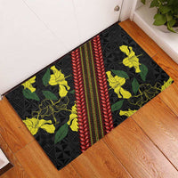 Samoan Culture Rubber Doormat Hibiscus and Ula Fala with Tapa Pattern Black Color