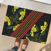 Samoan Culture Rubber Doormat Hibiscus and Ula Fala with Tapa Pattern Black Color