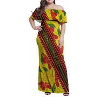 Samoan Culture Family Matching Off Shoulder Maxi Dress and Hawaiian Shirt Hibiscus and Ula Fala with Tapa Pattern YellowColor