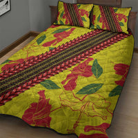 Samoan Culture Quilt Bed Set Hibiscus and Ula Fala with Tapa Pattern Yellow Color