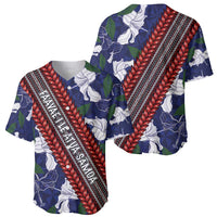 Samoan Culture Baseball Jersey Hibiscus and Ula Fala with Tapa Pattern Blue Color