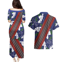 Samoan Culture Couples Matching Puletasi and Hawaiian Shirt Hibiscus and Ula Fala with Tapa Pattern Blue Color