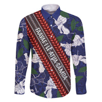 Samoan Culture Family Matching Off The Shoulder Long Sleeve Dress and Hawaiian Shirt Hibiscus and Ula Fala with Tapa Pattern Blue Color