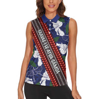 Samoan Culture Women Sleeveless Polo Shirt Hibiscus and Ula Fala with Tapa Pattern Blue Color