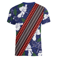 Samoan Culture Women V-Neck T-Shirt Hibiscus and Ula Fala with Tapa Pattern Blue Color