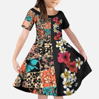Hawaiian Hibiscus and Tropical Leaves Family Matching Long Sleeve Bodycon Dress and Hawaiian Shirt Patchwork Grunge Abstract Vintage Style LT03 Daughter's Dress Black - Polynesian Pride