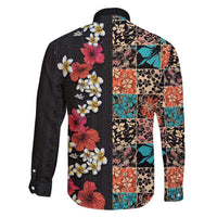 Hawaiian Hibiscus and Tropical Leaves Family Matching Long Sleeve Bodycon Dress and Hawaiian Shirt Patchwork Grunge Abstract Vintage Style LT03 - Polynesian Pride