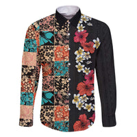 Hawaiian Hibiscus and Tropical Leaves Family Matching Off The Shoulder Long Sleeve Dress and Hawaiian Shirt Patchwork Grunge Abstract Vintage Style