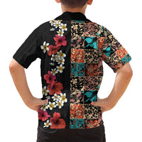 Hawaiian Hibiscus and Tropical Leaves Family Matching Off Shoulder Maxi Dress and Hawaiian Shirt Patchwork Grunge Abstract Vintage Style